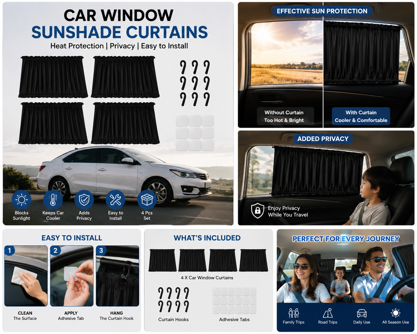 Curtain For Car Window  Heat  Sunshade Protection (4 Pcs With Curtain Hook  Adhesive Tap Set)